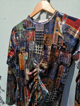 Load image into Gallery viewer, Allison Wonderland - Delfina Dress - Houses Print - front angled closeup of ruching detail

