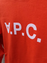 Load image into Gallery viewer, A.P.C. Viva Sweatshirt - Orange - front closeup of white branded logo across chest, with slight fuzz
