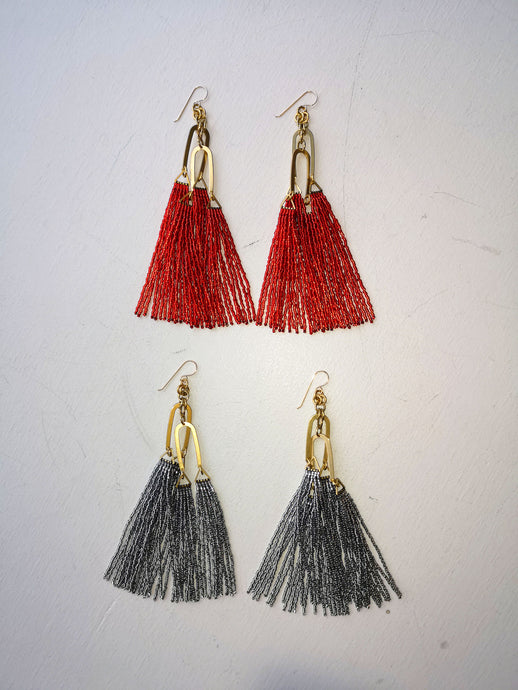 Eye of Needle - Quad Dangle Arches Earrings, in Silverlined Red, and Silverlined Grey