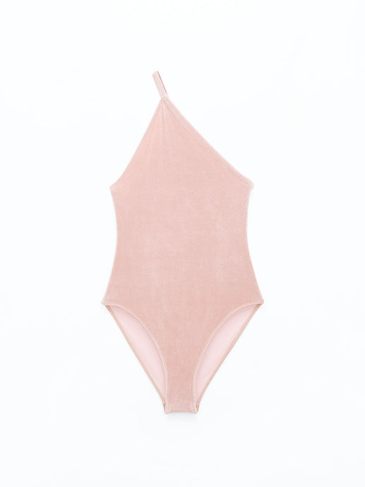 Filippa K Asymmetric Swimsuit - Pale Rose Velvet - flat front