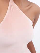Load image into Gallery viewer, Filippa K Asymmetric Swimsuit - Pale Rose Velvet - front model closeup chest and body
