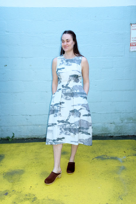 Jamie is wearing the new free dress from henrik vibskov... it's so cool! our special note would be that this dress features an extra deep fold (that functions like a dart), so it will look amazing on our curvy friends as well! Steph, who his a 32G in the chest, and usually wears a small/medium also tried it in the small and found it quite flattering.