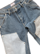 Load image into Gallery viewer, Filippa K Carpenter Jeans - Allover Stone - front closeup of thigh high patch pockets, riveting, button, belt loops, side pockets
