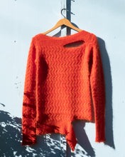Load image into Gallery viewer, Ka Wa Key Deconstructed Mohair Cable Sweater - flat front. This sweater has cutouts on the upper left chest and left bottom. The sleeve ends are intentionally frayed.

