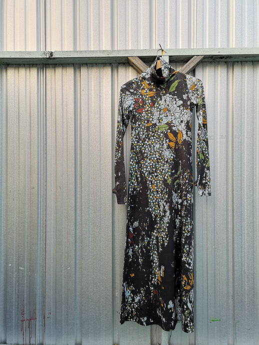 Ka Wa Key - Distressed Print Turtleneck Dress - Black Floral - front