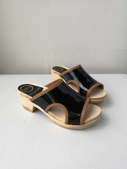 No.6 - Alexis Cut Out Clog on Mid Heel - Black Patent/Brown