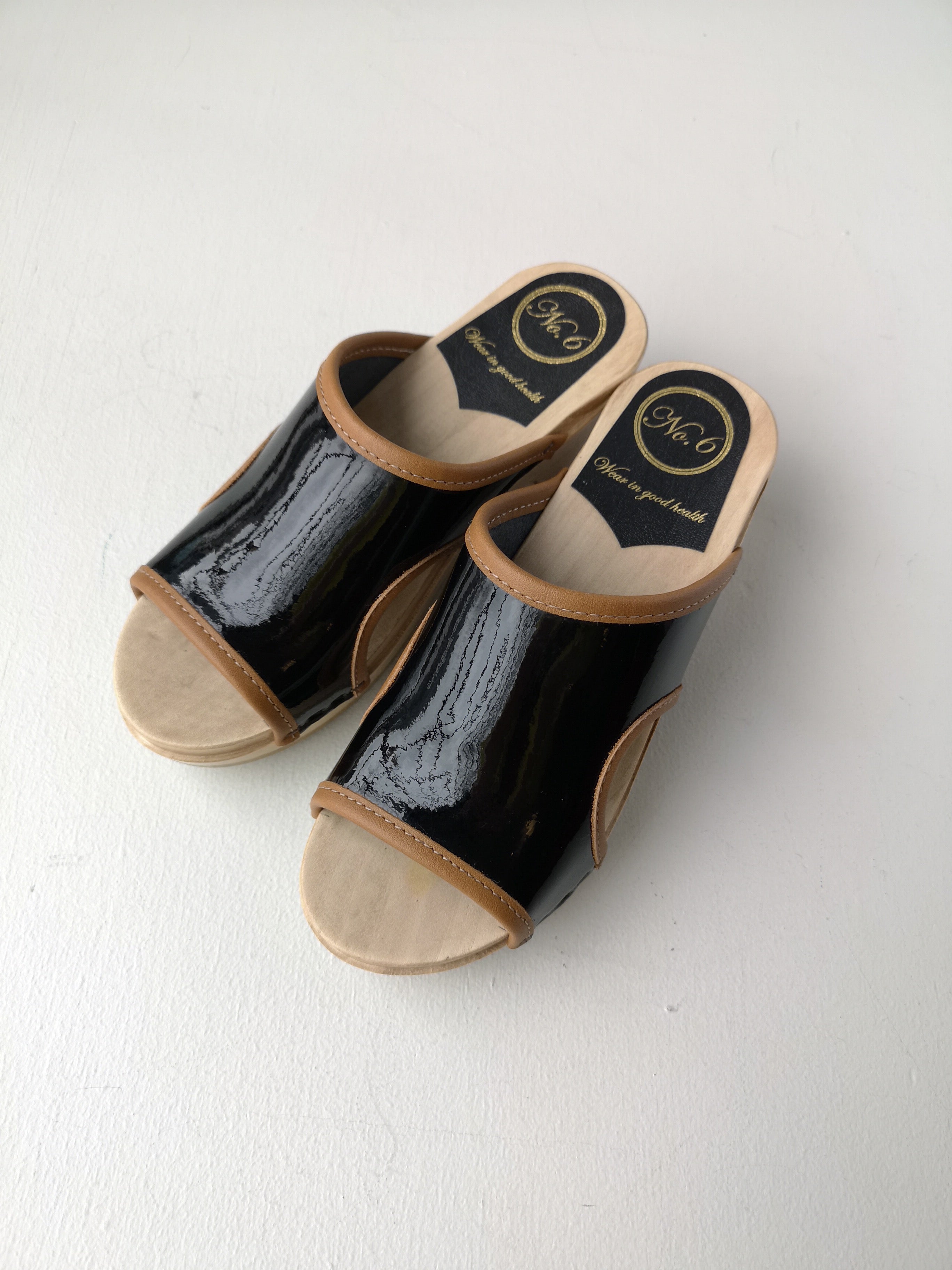 No.6 - Alexis Cut Out Clog on Mid Heel - Black Patent/Brown