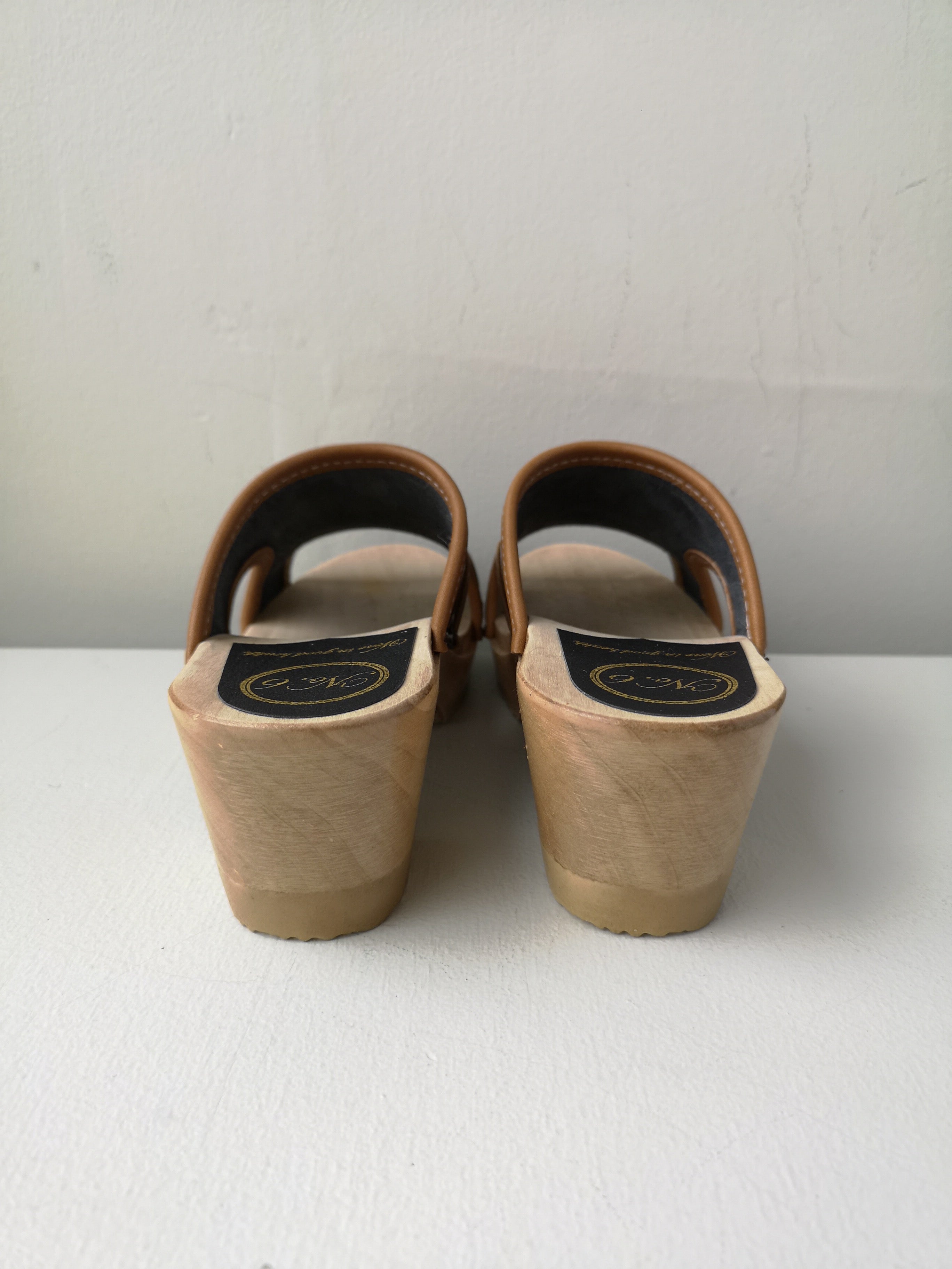 No.6 - Alexis Cut Out Clog on Mid Heel - Black Patent/Brown