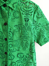 Load image into Gallery viewer, No.6 Mack Shirt Dress - Green Eyelet - front closeup detail of eyelet cotton
