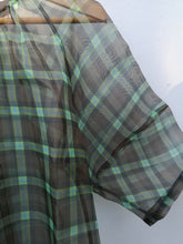 Load image into Gallery viewer, No.6 Maia Top - Olive Plaid Silk - front closeup of sheer fabric and sleeve
