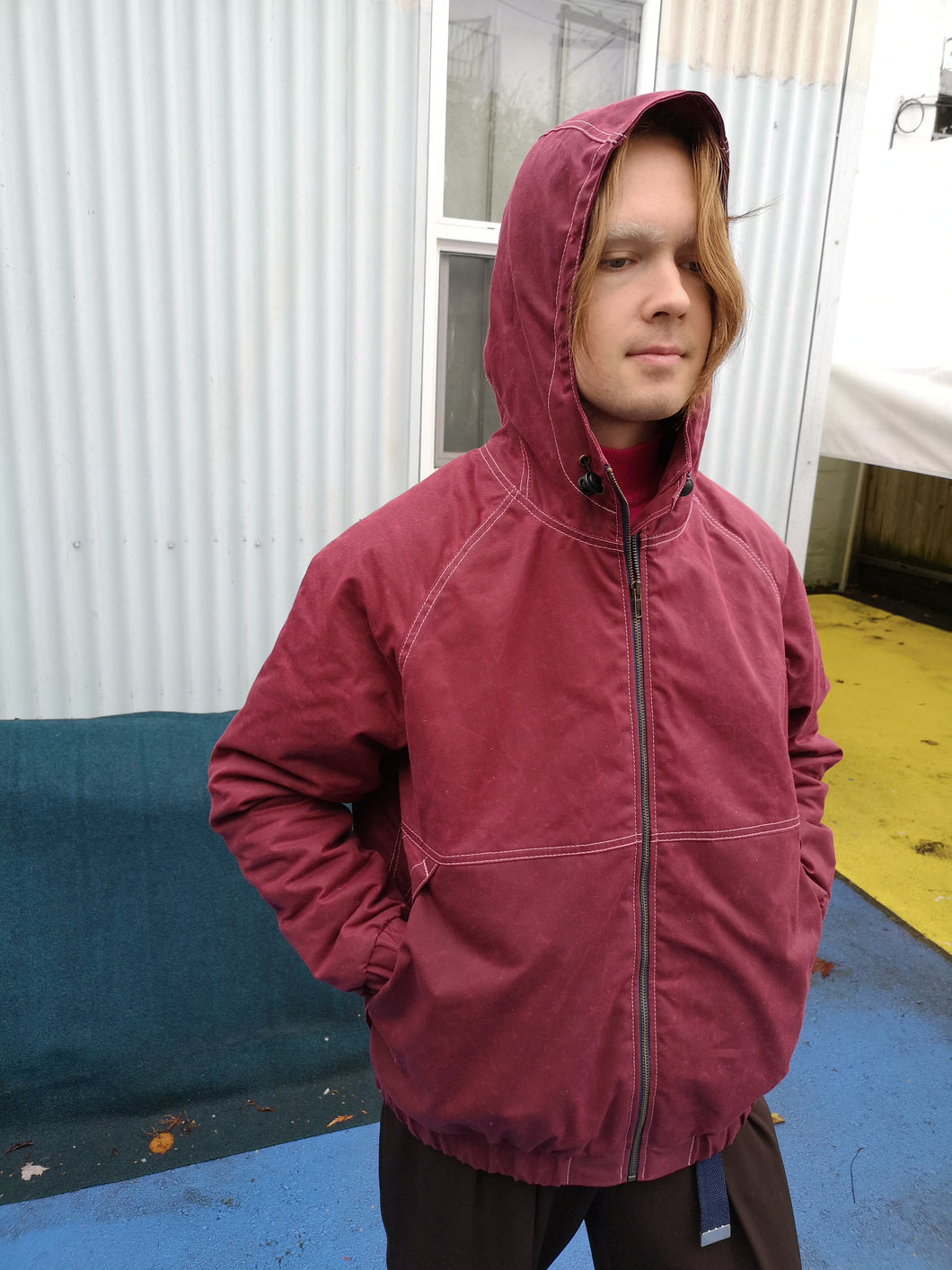 Old Fashioned Standards Waxed Bomber Jacket - Burgandy - front model with hood up