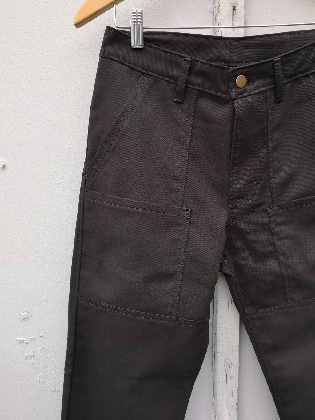 Old Fashioned Standards - Workhorse Trouser - Black - front closeup of pockets, waist, zip fly, button closure