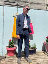Load image into Gallery viewer, Oliver Spencer - Coram Jacket with Fishtail Trousers in navy seersucker cotton - Men&#39;s Suiting - front

