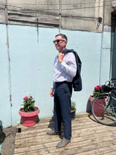 Load image into Gallery viewer, Oliver Spencer - Coram Jacket with Fishtail Trousers in navy seersucker cotton - Men&#39;s Suiting - front side pants
