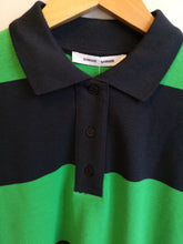 Load image into Gallery viewer, Samsoe Samsoe Odetta Longsleeve Polo - Green Navy Stripe - front polo neck, button placket and collar
