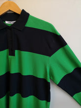 Load image into Gallery viewer, Samsoe Samsoe Odetta Longsleeve Polo - Green Navy Stripe - front closeup of collar, button placket, sleeve
