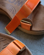 Load image into Gallery viewer, woden - Line Sandal - Tiger - this image is a close up of details on the line sandal. the front strap is secured with magic tape - meaning that adjustments and cleaning should be quick and easy.
